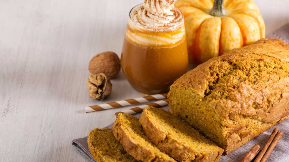 Pumpkin bread cake with pumpkin latte for autumn fall dinner