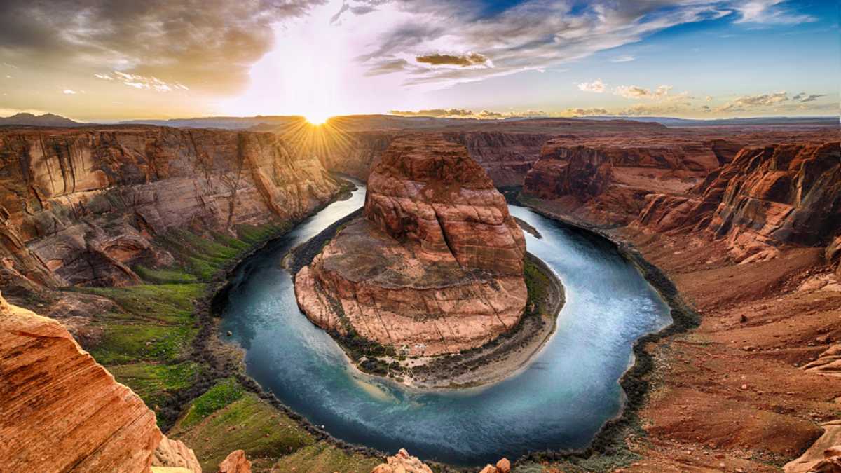 Sunset moment at Horseshoe bend Grand Canyon National Park. Colorado River. famous view point.