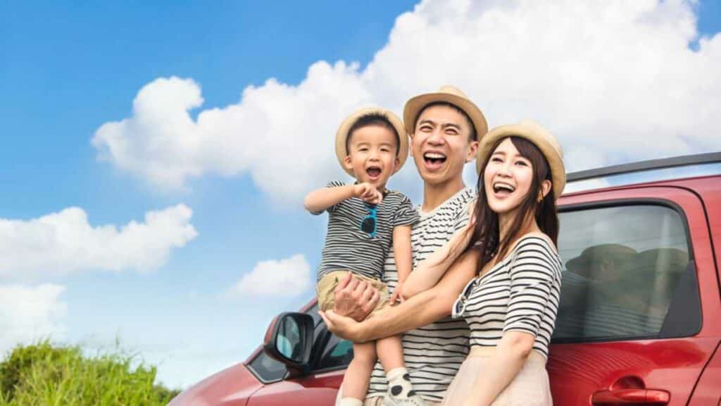 Happy family on road trip and enjoy summer vacation