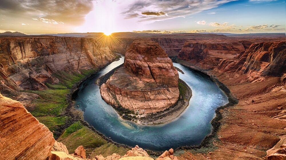 Sunset moment at Horseshoe bend Grand Canyon National Park. Colorado River. famous view point.