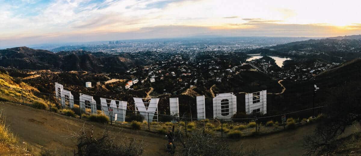 hollywood sign from behind overlooking los angeles