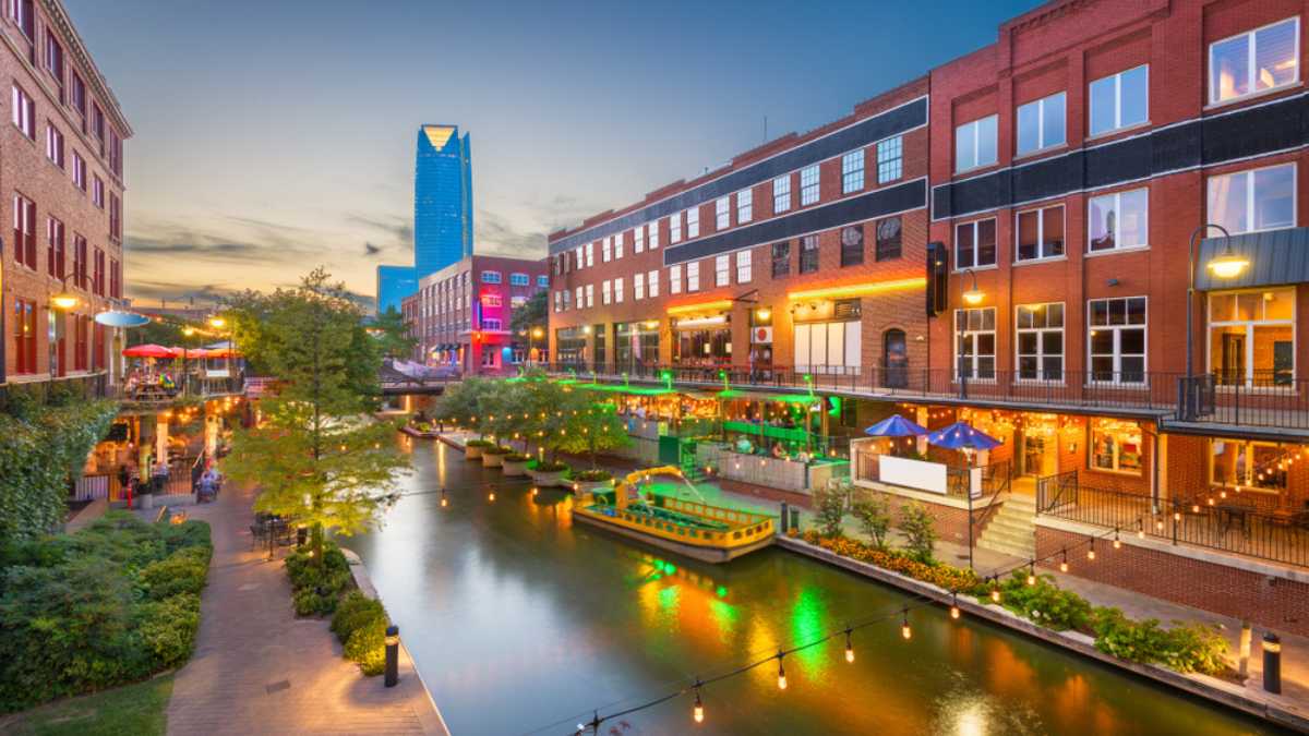 Oklahoma City, Oklahoma, USA cityscape in Bricktown at dusk.