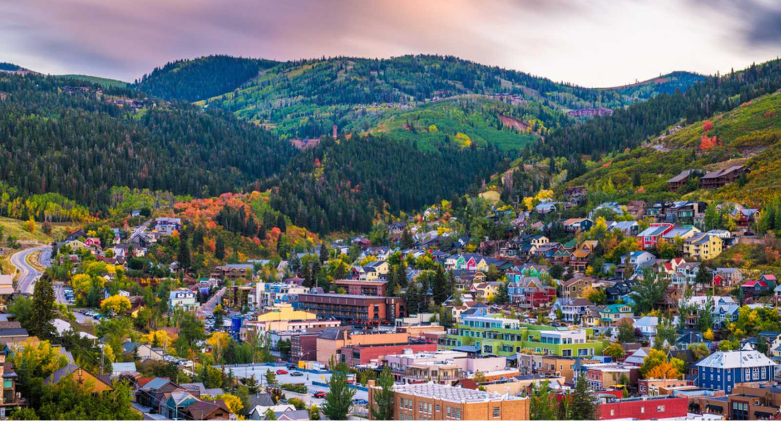 Park City, Utah, USA downtown in autumn at dusk.