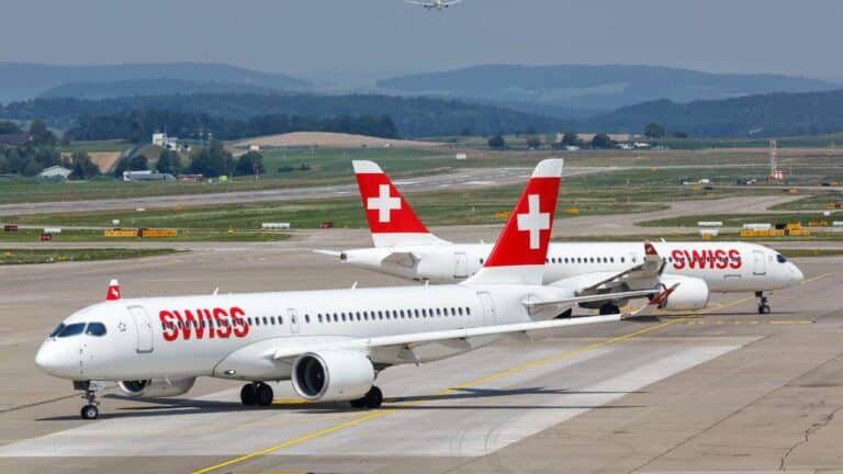 Swiss Airbus A220-300 airplanes at Zurich Airport (ZRH) in Switzerland. Airbus is a European aircraft manufacturer based in Toulouse, France.