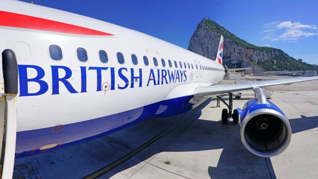 View of an airplane from British Airways (BA) at the Gibraltar International Airport (GIB) or North Front Airport in the British Overseas Territory of Gibraltar