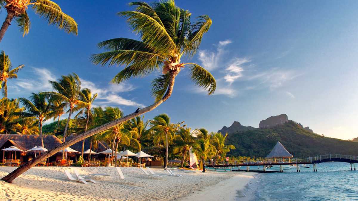 Beautiful Bora Bora island sunset sunrise on the beach, with palm trees, mountains background, in French Polynesia.