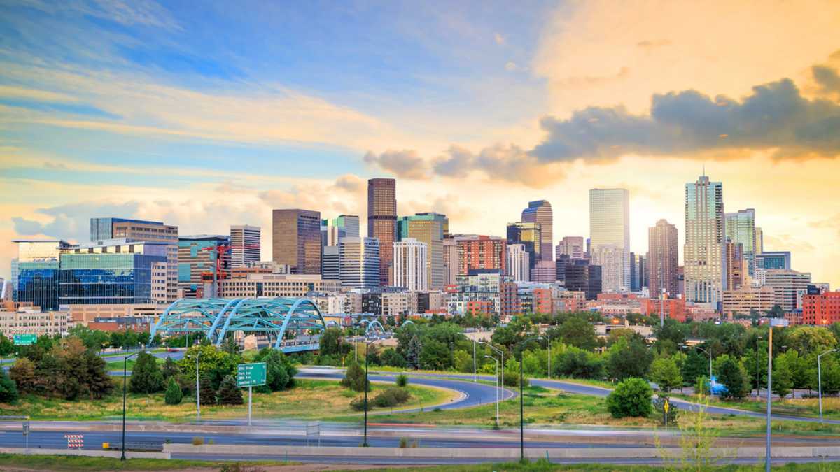 Panorama of Denver skyline long exposure at twilight.