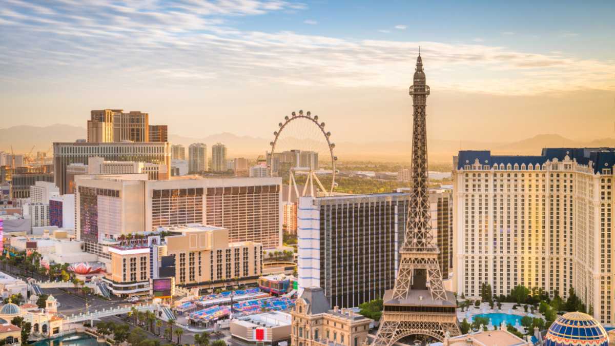 Las Vegas, Nevada, USA skyline over the strip at dusk.