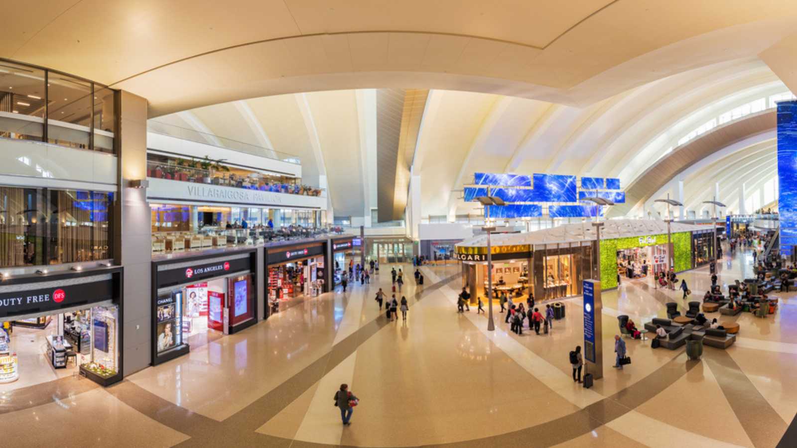 LOS ANGELES, CALIFORNIA, US - Jun 17 2017: Tom Bradley International Airport departure terminal duty free shops in Los Angeles, US