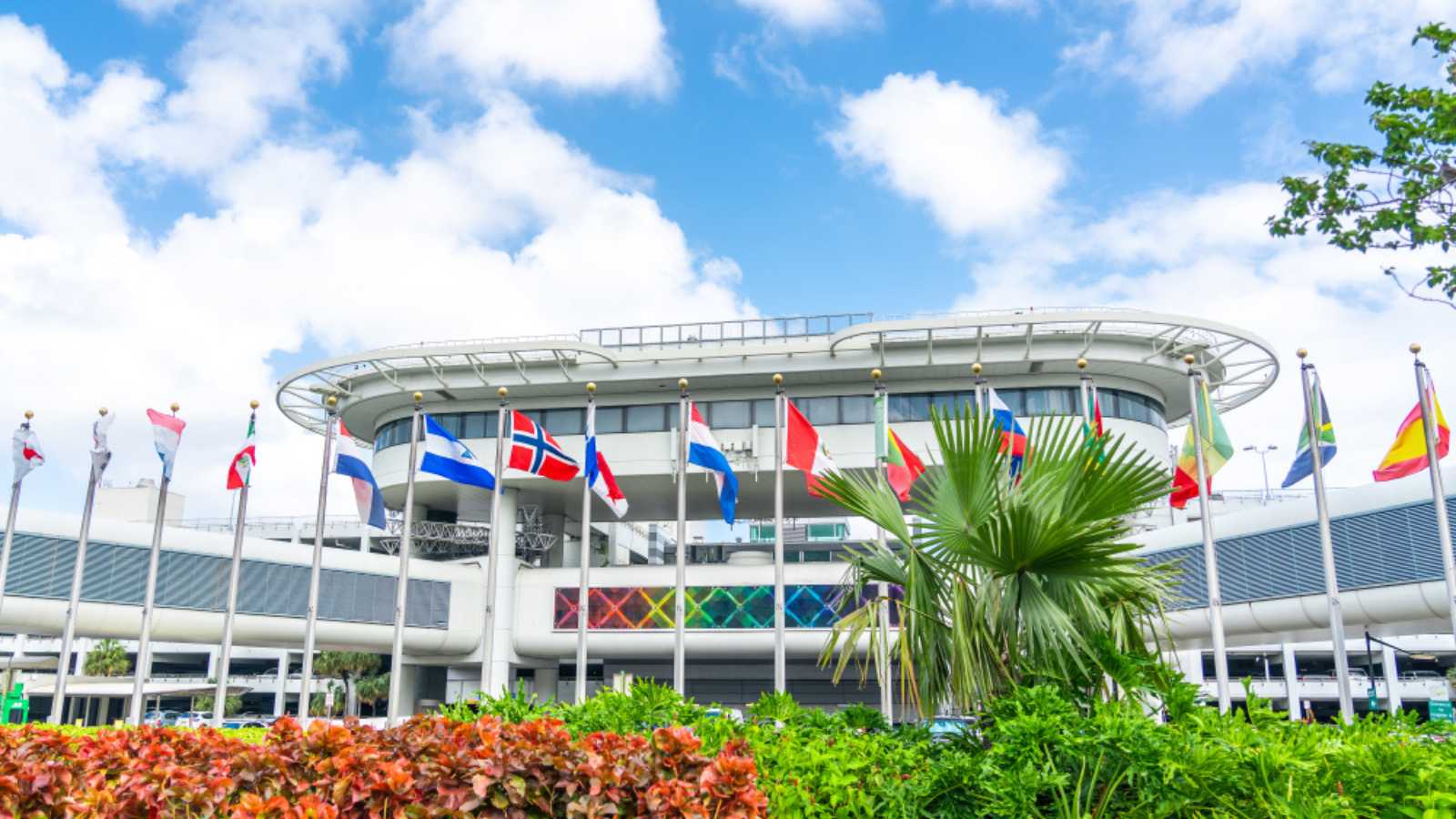 Miami, USA - September 21, 2019 - Miami international airport with flags of different countries