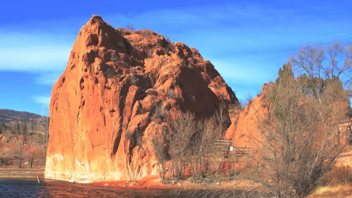 An unusual rock formation near the pond at Red Rock Canyon Open Space, Colorado Springs, Colorado