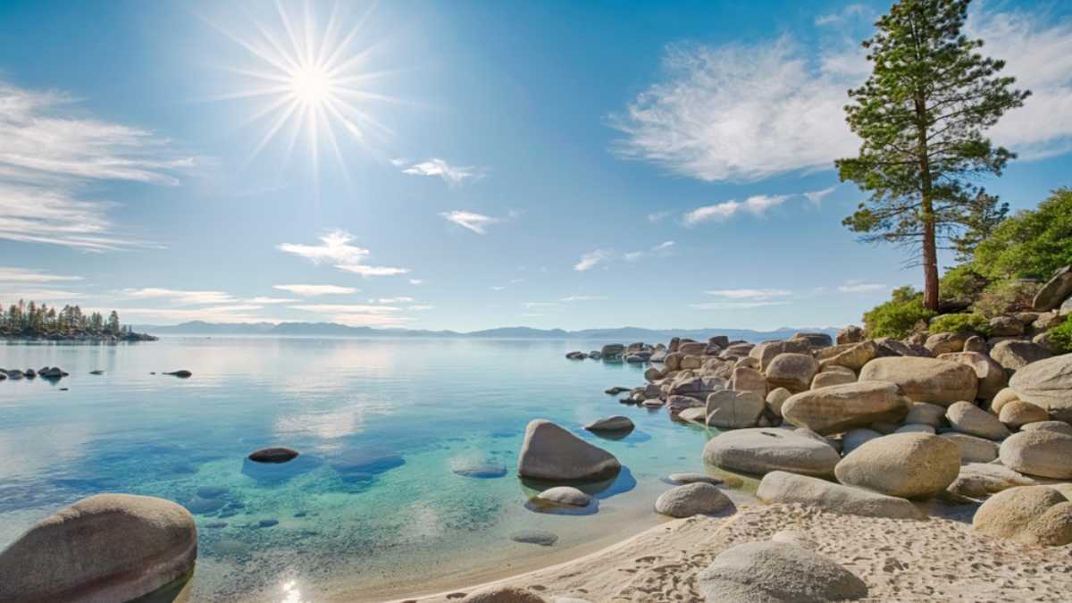 Lake Tahoe east shore beach, calm turquoise water in sunny day