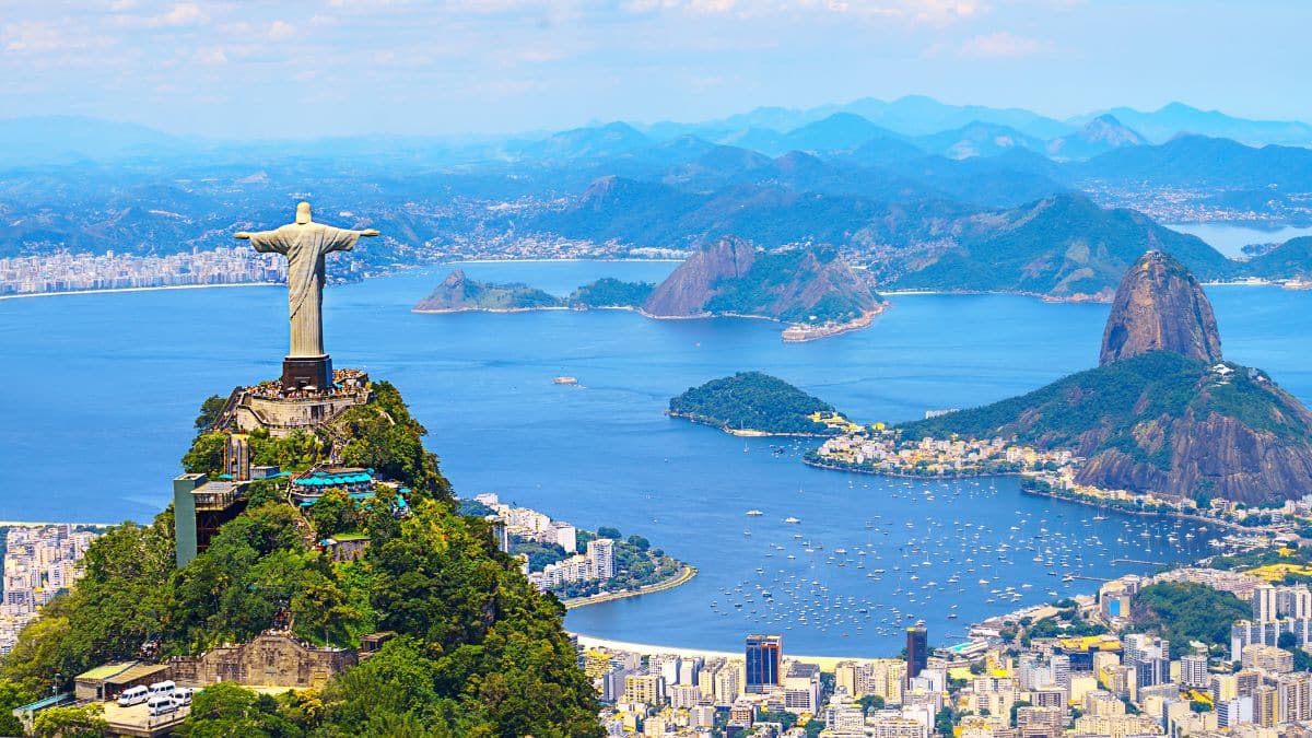 Aerial view of Rio de Janeiro with Christ Redeemer and Corcovado Mountain. Brazil.