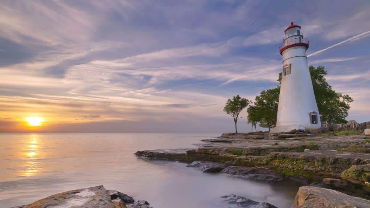 The Marblehead Lighthouse on the edge of Lake Erie in Ohio, USA. Photographed at sunrise.