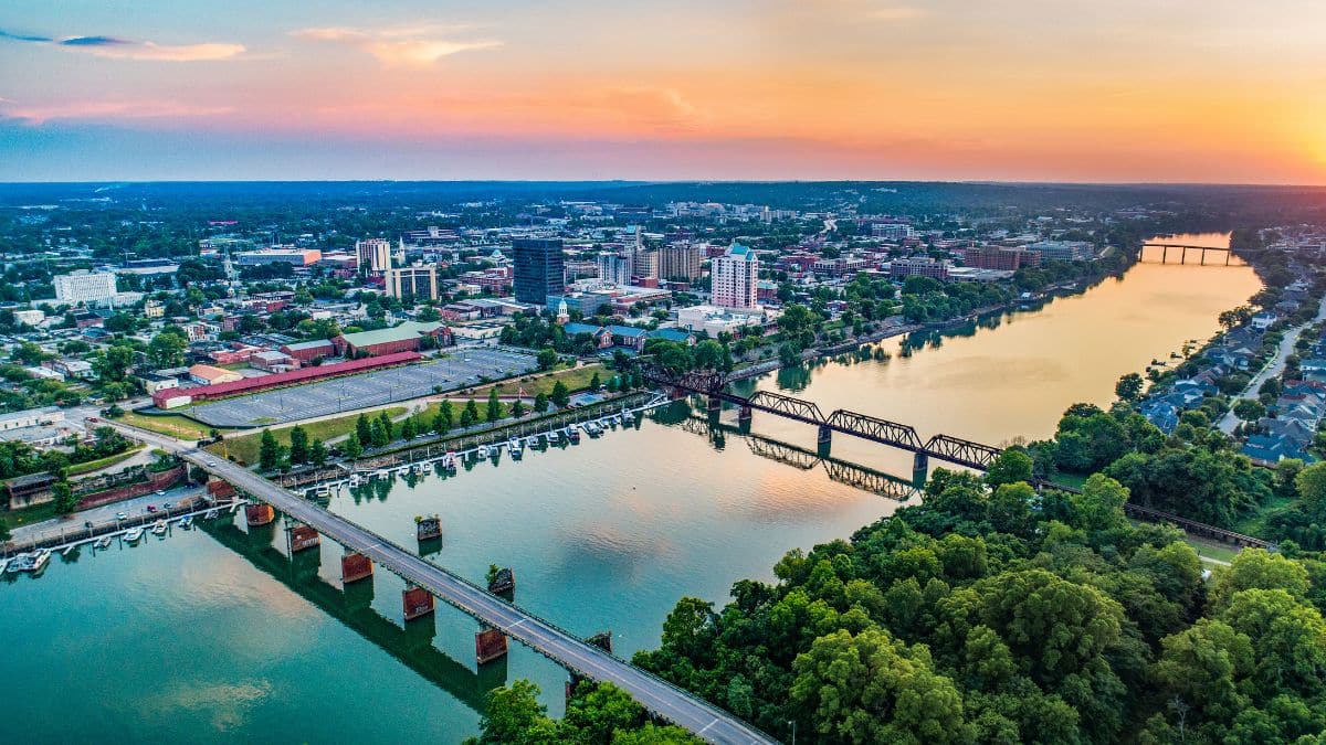 Savannah River and Augusta, Georgia, USA Aerial.