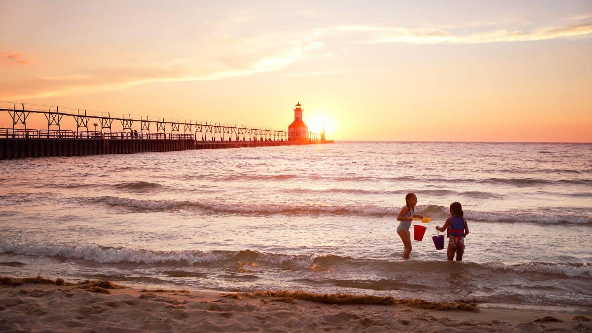 St Joseph Lighthouse on Lake Michigan at sunset