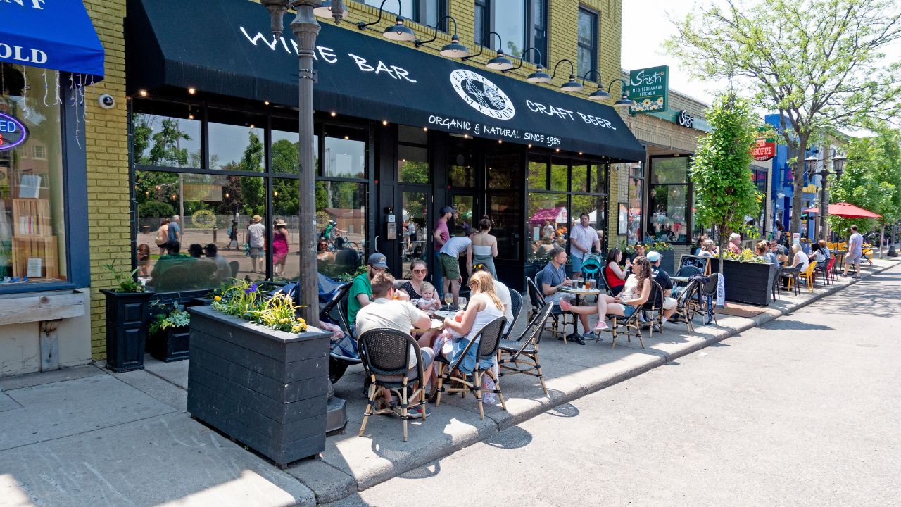 ST PAUL, MINNESOTA USA - JUNE 2, 2019: Outside dinning at the French Meadow restaurant on Grand Avenue.