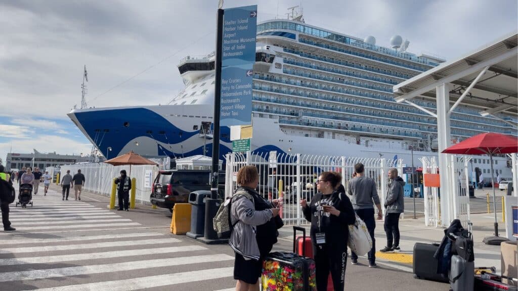 San Diego, California. Travelers in front of the cruise ship terminal in San Diego, California.